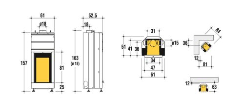 Vertikalni kaminski vložek Caminetti Montegrappa Light 03 dimenzije